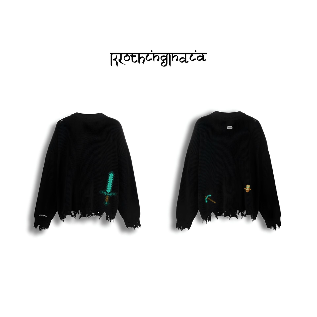 MINDCRAFT PRINTED OVERSIZED RIPPED SWEATER (S)