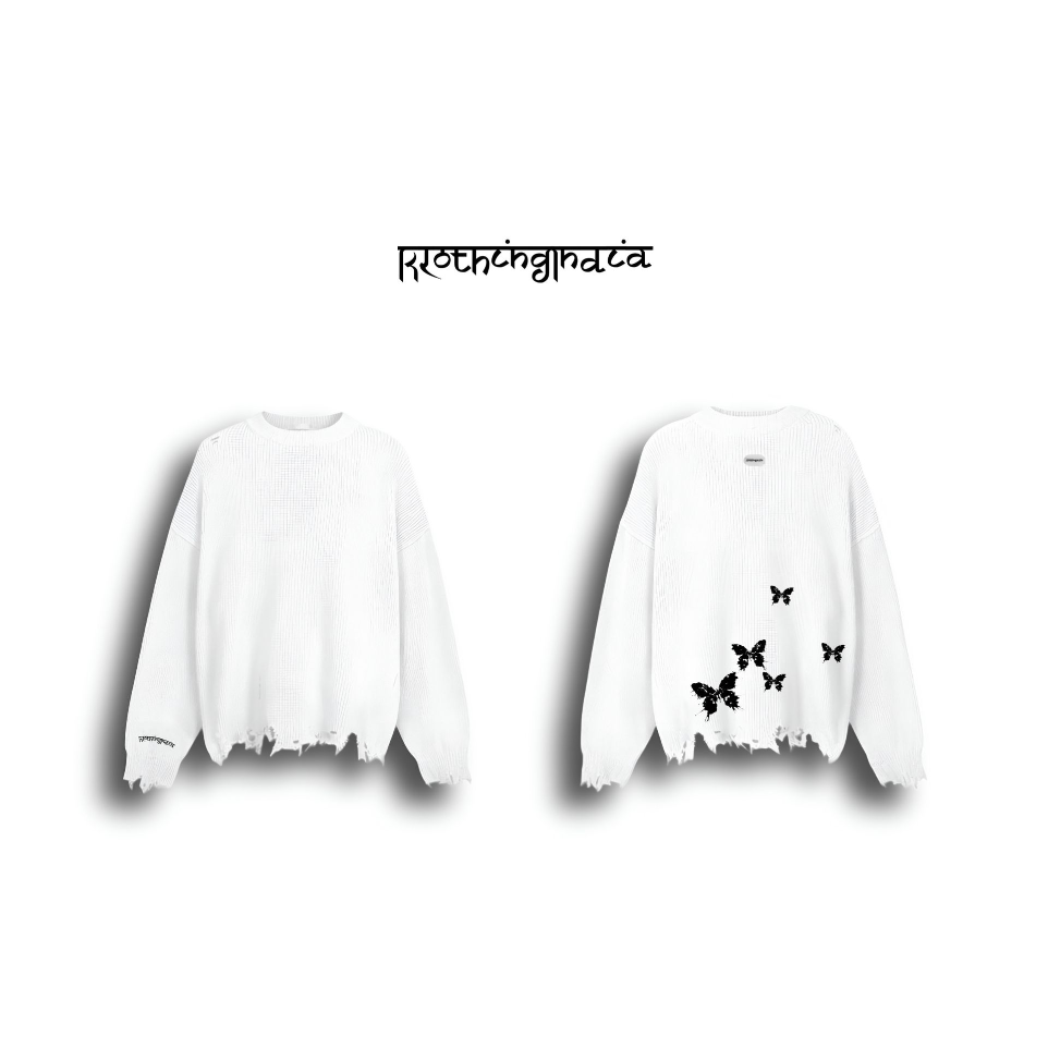 BLACK BUTTERFLIES AND DÉJÀ VU PRINTED RIPPED OVERSIZED SWEATER